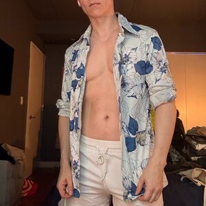 Men's Casual Blue Floral Button Down Shirt